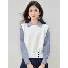 [A469] Áo len nữ Montoghi dệt kim 3 NÚT phối SƠ MI SỌC kiểu trơn tay dài sang trọng - L2M (New)