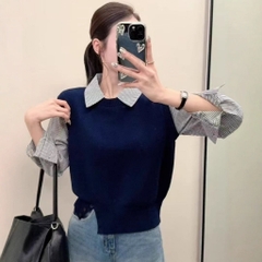 [A469] Áo len nữ Montoghi dệt kim 3 NÚT phối SƠ MI SỌC kiểu trơn tay dài sang trọng - L2M (New)