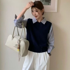 [A469] Áo len nữ Montoghi dệt kim 3 NÚT phối SƠ MI SỌC kiểu trơn tay dài sang trọng - L2M (New)