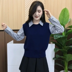 [A469] Áo len nữ Montoghi dệt kim 3 NÚT phối SƠ MI SỌC kiểu trơn tay dài sang trọng - L2M (New)