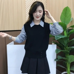[A469] Áo len nữ Montoghi dệt kim 3 NÚT phối SƠ MI SỌC kiểu trơn tay dài sang trọng - L2M (New)