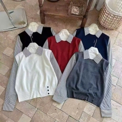 [A469] Áo len nữ Montoghi dệt kim 3 NÚT phối SƠ MI SỌC kiểu trơn tay dài sang trọng - L2M (New)