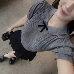 [A474] Áo len nữ Montoghi dệt kim QC PHỐI NƠ ĐEN họa tiết THỪNG 2 BÊN xinh xắn điệu đà - L2M (New)