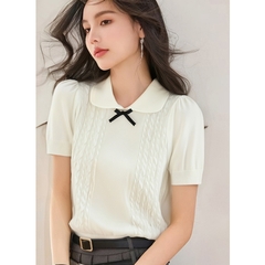 [A474] Áo len nữ Montoghi dệt kim QC PHỐI NƠ ĐEN họa tiết THỪNG 2 BÊN xinh xắn điệu đà - L2M (New)