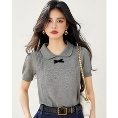 [A474] Áo len nữ Montoghi dệt kim QC PHỐI NƠ ĐEN họa tiết THỪNG 2 BÊN xinh xắn điệu đà - L2M (New)