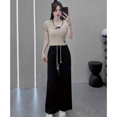 [A477] Áo len nữ Montoghi dệt kim PHỐI LƯỚI VIỀN BÈO và NƠ dáng ôm tôn body xinh xắn - L2M (New)