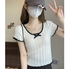 [A477] Áo len nữ Montoghi dệt kim PHỐI LƯỚI VIỀN BÈO và NƠ dáng ôm tôn body xinh xắn - L2M (New)