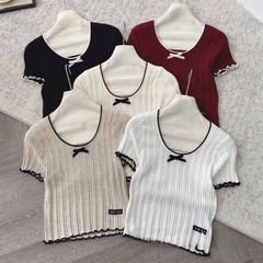 [A477] Áo len nữ Montoghi dệt kim PHỐI LƯỚI VIỀN BÈO và NƠ dáng ôm tôn body xinh xắn - L2M (New)