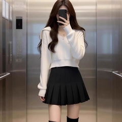 [A476] Set (2 MÓN) áo len dệt kim CỔ V BẺ NÚT CHÉO TRƯỚC và ÁO 3 LỖ tay dài croptop siêu hot - L2M (New)