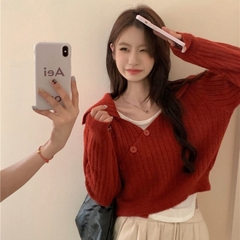 [A476] Set (2 MÓN) áo len dệt kim CỔ V BẺ NÚT CHÉO TRƯỚC và ÁO 3 LỖ tay dài croptop siêu hot - L2M (New)