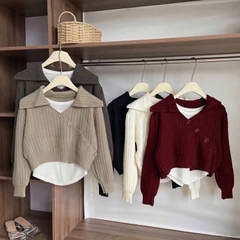[A476] Set (2 MÓN) áo len dệt kim CỔ V BẺ NÚT CHÉO TRƯỚC và ÁO 3 LỖ tay dài croptop siêu hot - L2M (New)