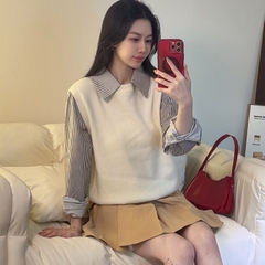 [A469] Áo len nữ Montoghi dệt kim 3 NÚT phối SƠ MI SỌC kiểu trơn tay dài sang trọng - L2M (New)