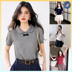 [A474] Áo len nữ Montoghi dệt kim QC PHỐI NƠ ĐEN họa tiết THỪNG 2 BÊN xinh xắn điệu đà - L2M (New)