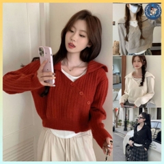 [A476] Set (2 MÓN) áo len dệt kim CỔ V BẺ NÚT CHÉO TRƯỚC và ÁO 3 LỖ tay dài croptop siêu hot - L2M (New)