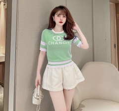 [A016] Áo len thun nữ Montoghi dệt kim Quảng Châu in chữ CHANGE ngắn tay phối sọc siêu hot - L2M (Sale)
