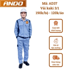 Quần áo bảo hộ lao động mẫu AD37 màu xanh nhạt phối xanh công nhân, vải kaki 3/1, in đồng phục doanh nghiệp, nhà xưởng, đội thi công,…