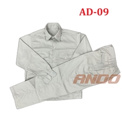 Bộ quần áo AD09 màu ghi sáng, vải kaki 2/1,  dày dặn, may kỹ, nhận in đồng phục nhà xưởng, doanh nghiệp theo yêu cầu