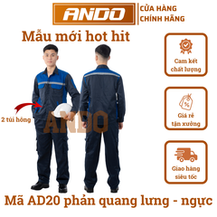 Quần áo bảo hộ lao động mẫu AD20 có phản quang, màu tím than phối xanh, in đồng phục doanh nghiệp, nhà xưởng, đội thi công,…