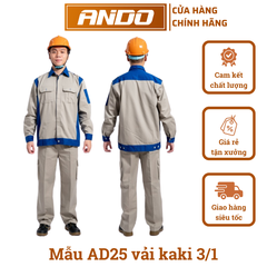 Quần áo bảo hộ lao động mẫu AD25 màu ghi đậm phối xanh, vải kaki 3/1, in đồng phục doanh nghiệp, nhà xưởng, đội thi công,…