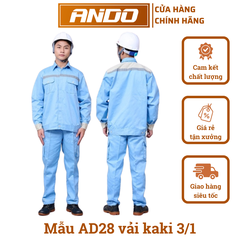 Quần áo bảo hộ lao động mẫu AD28 màu xanh lơ, phản quang lưng ngực, vải kaki 3/1, in đồng phục doanh nghiệp, nhà xưởng, đội thi công,…
