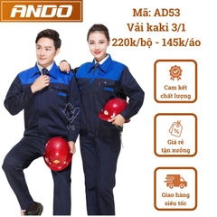 Quần áo bảo hộ lao động AD53 màu tím than phối xanh, vải kaki 3/1, thiết kế & in đồng phục doanh nghiệp, nhà xưởng