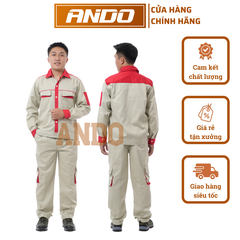 Quần áo bảo hộ lao động AD06 màu ghi kẻ đỏ, vải kaki 3/1, thiết kế & in đồng phục doanh nghiệp, nhà xưởng