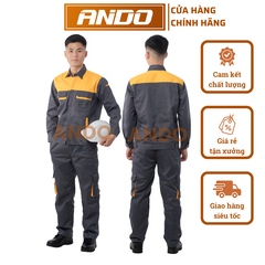 Quần áo bảo hộ lao động mẫu AD23 màu chì phối ngực vàng, có phản quang, vải kaki 3/1, in đồng phục doanh nghiệp, nhà xưởng, đội thi công,…