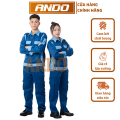 Quần áo bảo hộ lao động mẫu AD26 màu xanh đậm, có 2 túi hông, vải kaki 3/1, in đồng phục doanh nghiệp, nhà xưởng, đội thi công,…