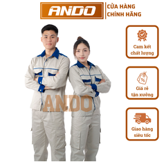 Quần áo bảo hộ lao động mẫu PR04, vải pangrim Phú Lộc, màu ghi sáng phối xanh