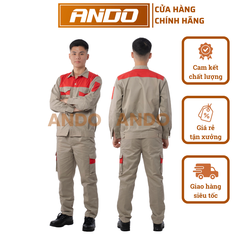 Quần áo bảo hộ lao động mẫu PR06, vải pangrim, màu ghi đậm phối đỏ