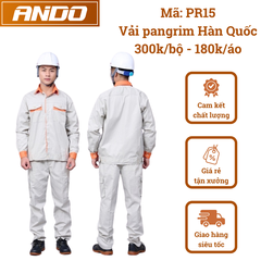 Quần áo bảo hộ lao động mẫu PR15, màu ghi phối cam, chất vải pangrim cao cấp, in đồng phục bảo hộ lao động cho doanh nghiệp, nhà xưởng, đội thi công,…