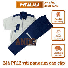 Quần áo bảo hộ lao động mẫu PR12, màu ghi phối tím than, chất vải pangrim cao cấp, in đồng phục bảo hộ lao động cho doanh nghiệp, nhà xưởng, đội thi công,…