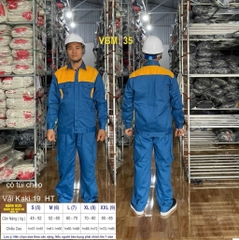 Quần áo bảo hộ lao động mẫu AD29 màu xanh phối ngực cam có túi hông, vải kaki 19, in đồng phục doanh nghiệp, nhà xưởng, đội thi công,…