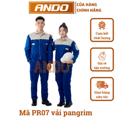 Quần áo bảo hộ lao động mẫu PR07, vải pangrim, màu xanh công nhân phối ngực ghi