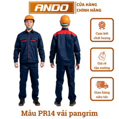 Quần áo bảo hộ lao động mẫu PR14, màu tím than phối đỏ, chất vải pangrim cao cấp, in đồng phục bảo hộ lao động cho doanh nghiệp, nhà xưởng, đội thi công,…