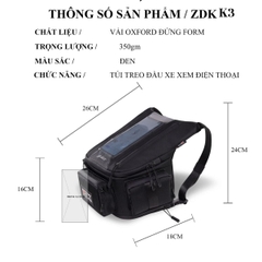 Túi Treo Đầu Xe Máy ZDK K3 Đựng Điện Thoại, Cảm Ứng Mượt, Ngăn Rộng 10L, Có Cổng Sạc