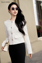 Áo tweed cổ tròn 2 nắp túi be sáng