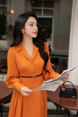 Đầm cổ ve đai da