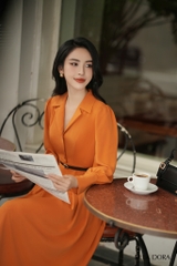 Đầm cổ ve đai da