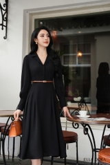 Đầm cổ ve đai da