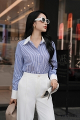 Sơ mi kẻ sọc xanh cổ phối trắng