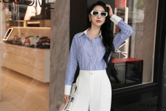 Sơ mi kẻ sọc xanh cổ phối trắng