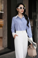 Sơ mi kẻ sọc xanh cổ phối trắng