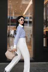 Sơ mi kẻ sọc xanh cổ phối trắng