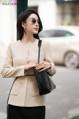 Áo kiểu be cổ tròn phối dây đen