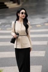 Áo kiểu be cổ tròn phối dây đen