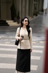 Áo kiểu be cổ tròn phối dây đen