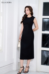 Đầm cổ tròn rúm eo đen