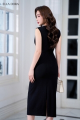 Đầm cổ tròn rúm eo đen