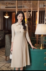 Đầm xếp li 3 cúc ngọc be